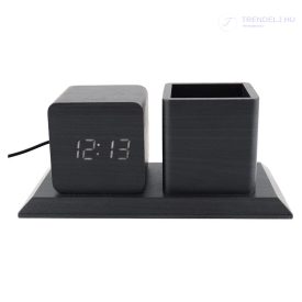   Fa hatású USB-s LED digitális asztali óra - Tartó résszel