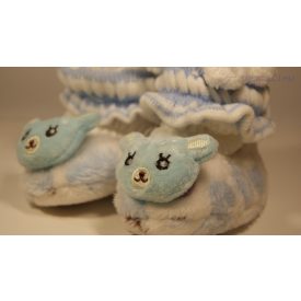   Puhatalpú babacipő, kék pöttyös, kötött szárral, 0-12 Hónapos