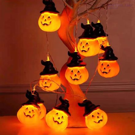 Halloweeni LED Tök fényfüzér (kalapos)