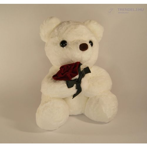 Plüss Maci rózsával - Fehér 30  cm