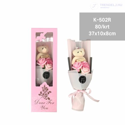 szappanrózsa csokor macival díszdobozban - Rózsaszín