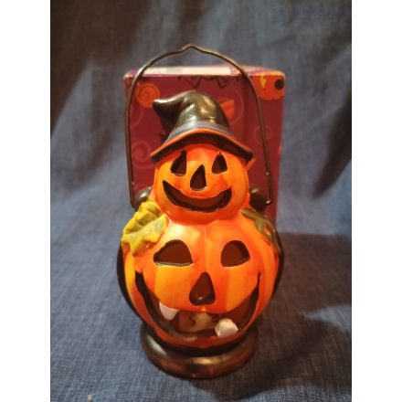 Halloween kerámia dekoráció - boszorkánykalapos töklámpás LED világítással