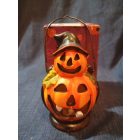 Halloween kerámia dekoráció - boszorkánykalapos töklámpás LED világítással