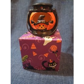    Halloween kerámia dekoráció - töklámpás LED világítás, fém akasztó